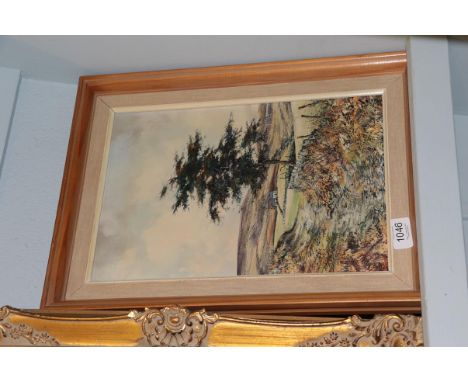 British School (20th century) Extensive landscape with white house and tractor, indistinctly signed, oil on board 