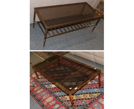 Two 1970's brass and smoked glass coffee tables and a pair of lamp tables 