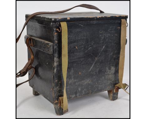 A vintage 20th century Fishing tackle box seat in ebonised wood with canvas strap. The interior complete with contents. Measu