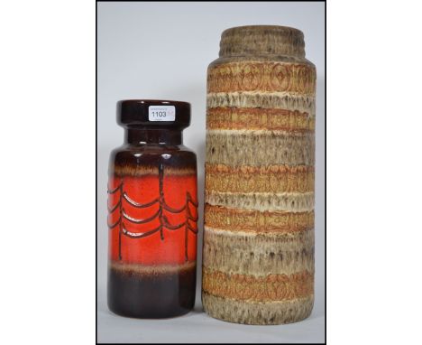 2 original 20th century, circa 1970's West German ceramic vases to include red spider drip rare design ) both being marked to