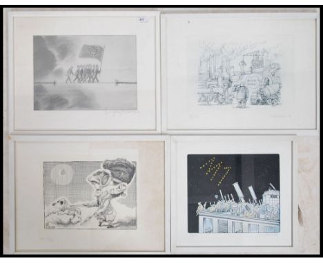 A collection of four framed and glazed political sketch print pictures to include Ronald Reagan, The EU, all signed in pencil