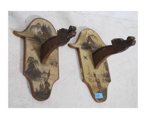 A pair of Japanese  20th century chinoiserie painted wall lantern brackets decorated with scenes of Mount Fuji.