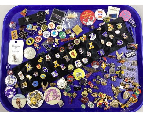 A Collection of Assorted Pin Badges / Stick Pins, to include enamelled novelty badges, car brands, sport souvenir, music souv