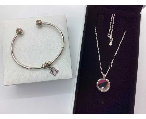 Pandora; A Modern 'Floating Locket' Necklace, with enamel ladybug charm, together with a Pandora cuff bangle with stone set c