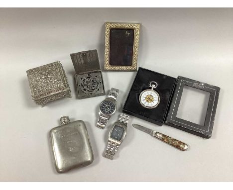 Sheffield Forgemasters Pewter Hipflask, gent's wristwatches, photograph frame, floral trinket box, antique style compass, etc