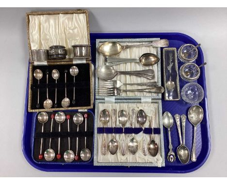 Art Deco Style Hallmarked Silver and Other Coffee Spoons, hallmarked silver and other napkin rings, glass salts, plated cutle