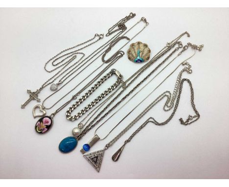 Assorted Pendants on Chains, a curb link bracelet (clasp stamped "925"); together with a filigree and enamel peacock brooch s