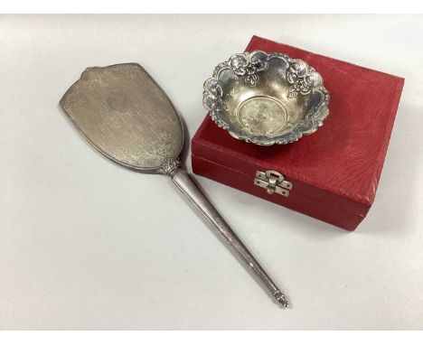 A Decorative Edwardian Style Hallmarked Silver Backed Hand Mirror, Birmingham 1975, with engine turned decoration; together w