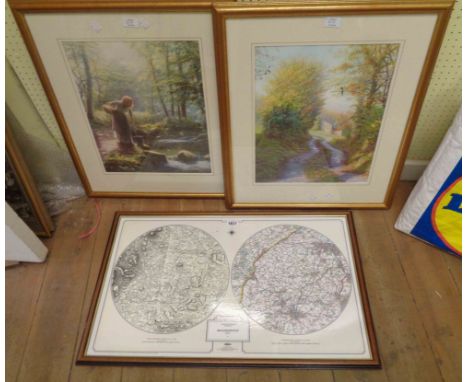 A framed map reprint of Broadhempston - sold with a pair of gilt framed rural view prints