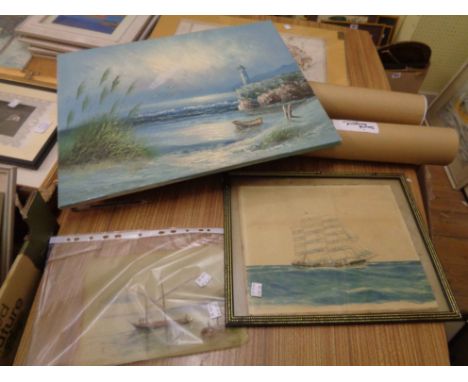 Daniel Jeffers: an unframed oil on board, depicting Torcross in a gale - sold with R. Young: a framed mixed media of a sailin