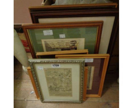 Various framed small format topographic prints and antique monochrome North Devon road map (plate 178 Ilfracombe) by J. Owen 