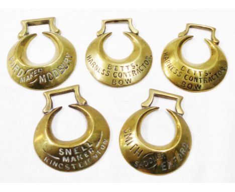 Five horse brass maker's plates comprising two for Betts Harness Contractors (Bow), Smith (Exford), Snell (Kingsteignton) and