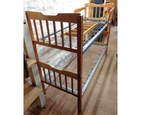A 2.02m vintage two part single bunk bed with wooden head and footboards and painted metal side rails