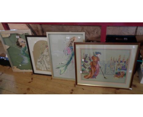 Four framed large format tapestry panels, all depicting fantasy figures
