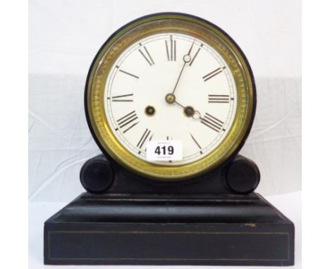 A late Victorian ebonised wood cased drum and scroll mantel clock with Vincent &amp; Cie 'silver medal' eight day bell striki