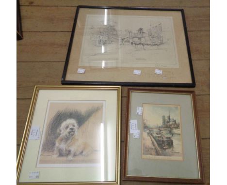 A framed small format Parisian scene coloured print - sold with a dog print and a monochrome print of Windsor End
