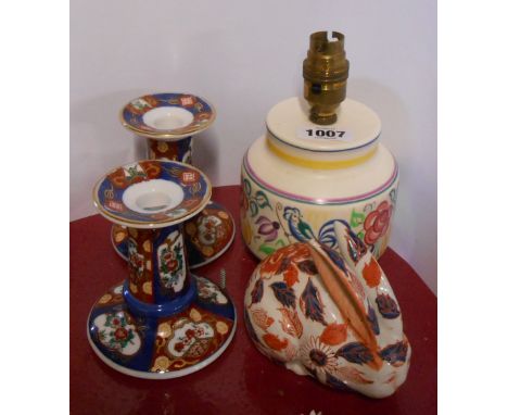 A 20th Century Chinese porcelain rabbit figurine with Imari style decoration, a vintage Poole Pottery table lamp, etc.