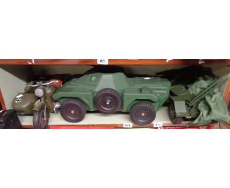 A vintage Irwin Action Man scale scout car, a Cherilea motorcycle sidecar combination, a similar covered trailer, etc.