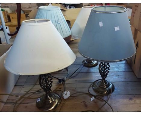 Three matching modern metal table lamps with bronzed finish, two with matching shades - sold with a metal table lamp of candl