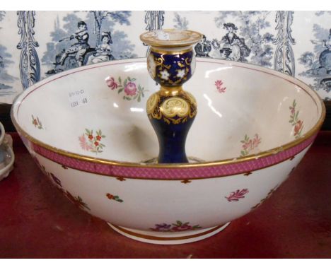 A Booths style pottery bowl decorated in the 18th Century style - sold with a 19th Century bone china candlestick with floral