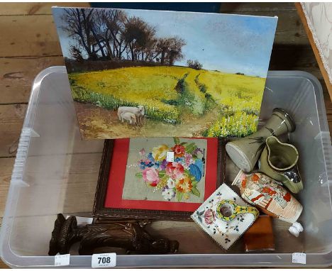 A crate containing a quantity of collectable items including Jeremy Leach vase and jug, Chinese style resin figure, etc.