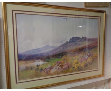 F.J. Widgery: a gilt framed large format coloured print, depicting a Dartmoor landscape with Hay Tor Rocks in mid ground