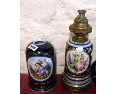 A 19th Century German porcelain oil lamp base with gilt metal fittings and hand painted floral decoration - for re-assembly