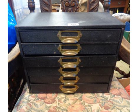 A 29cm vintage painted metal six drawer filing chest with brass cup handles with card slides