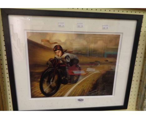 A framed coloured print, depicting a post-war female motorcycle racer on a boarded banked track - signed with silver pen on t