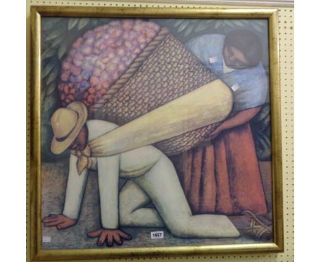Diego Rivera: a gilt framed coloured print, depicting a heavily laden fruit porter and female figure
