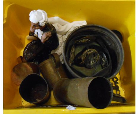 A crate containing a quantity of metalware and other collectable items including brass shell cases, copper mugs, Robertsons e