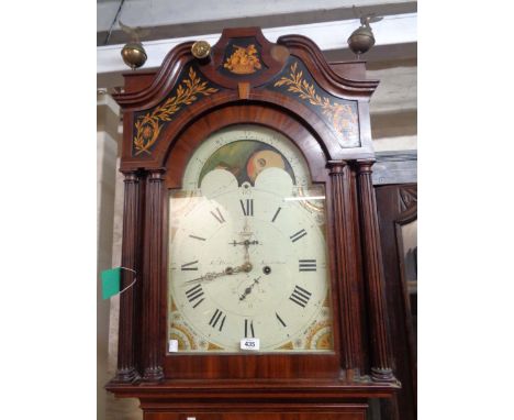 A late George III mahogany and strung longcase clock with gilt painted basket of flowers and trailing foliage to hood, the 35