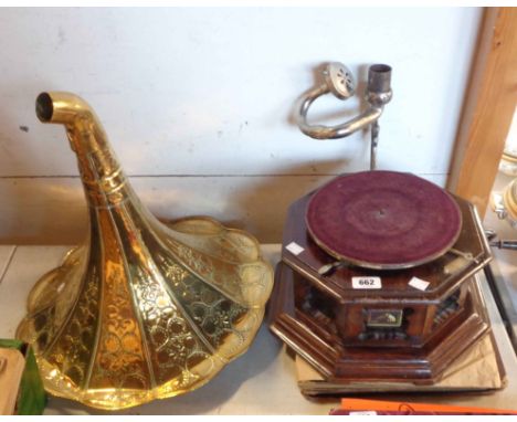 A vintage HMV wind-up table gramophone with brass horn - sold with a quantity of 78rpm records