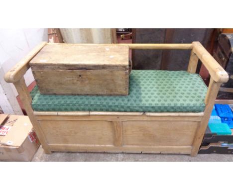 A 1.21m antique pine monk's bench with adapted later back rail (table/back section missing), locker seat and twin panelled fr