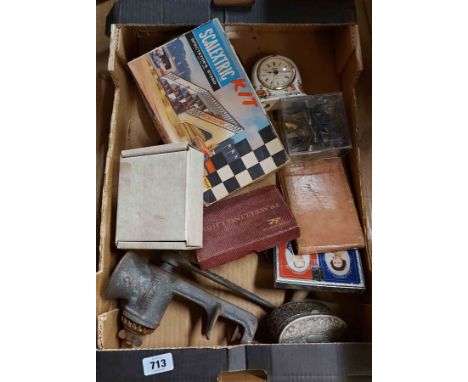 A box containing a quantity of assorted collectable items including boxed Scalextric figures, playing cards, etc.