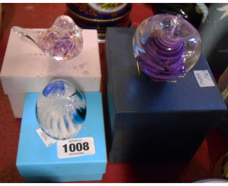 A boxed Teign Valley glass paperweight of apple form with internal enamel decoration - sold with two boxed Royal Collection g