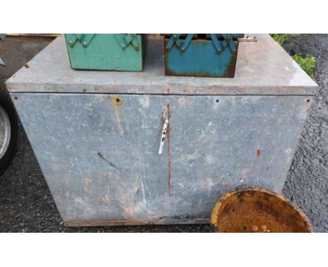 A galvanised lift-top grain bin - rusted to bottom - sold with two cantilever toolboxes containing a quantity of assorted too