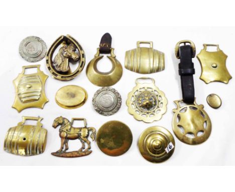 Thirteen assorted horse brasses of various form including barrel, etc. - sold with a reproduction horse pattern door knocker