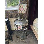 Circular metal framed bedside tables x 4 with 2 lamps and 2 matching bed pillows by artist Anna Pl
