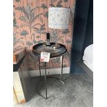 Circular metal framed bedside tables x 2 with 2 lamps and 1 similar but non-matching bed pillow by