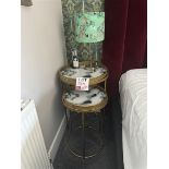 Circular metal framed bedside tables x 4 with 2 lamps and 2 matching bed pillows by artist Anna Pl