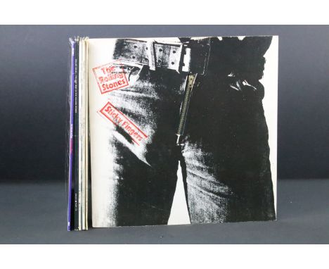 Vinyl - 6 Rolling Stones LPs to include Sticky Fingers (working zipper, with insert) Ex, Let It Bleed (boxed stereo Decca, wi