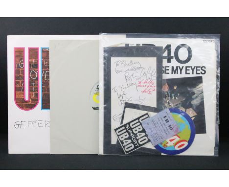 Vinyl / Memorabilia - UB40 - 2 fully signed pieces of paper, 1 LP, 2 12" singles, 2 passes, 1 ticket.