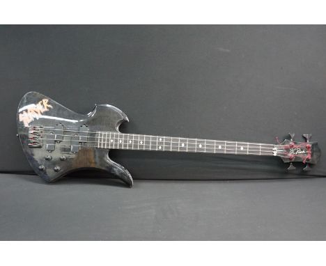 Guitar - BC Rich Mockingbird electric bass guitar in black. Slayer sticker applied to body.