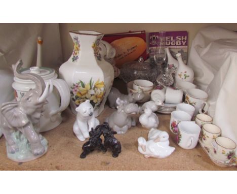 Assorted Lladro and Nao figures, part coffee sets, part tea service, 1970s Welsh Rugby programmes