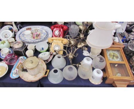 A Daniel Dakota wall clock together with chandeliers, bakelite telephones, blue and white meat plates, decorative plates etc