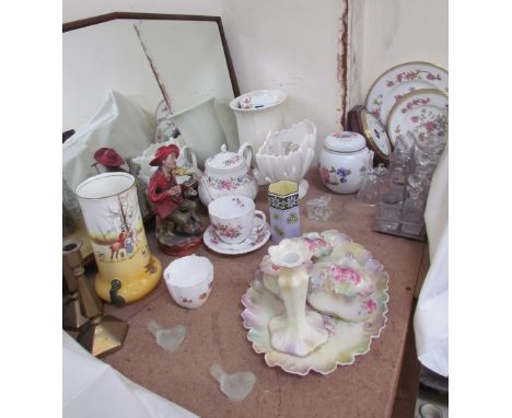 An Art Deco style walnut framed wall mirror together with a Royal Doulton series ware vase, Prussian part dressing table set,