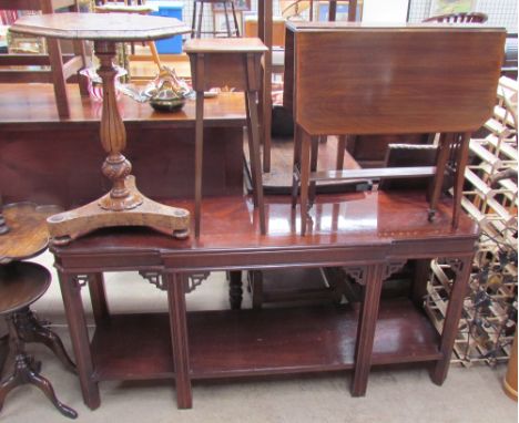 A reproduction mahogany console table together with a burr walnut wine table, a pot stand and a Sutherland table