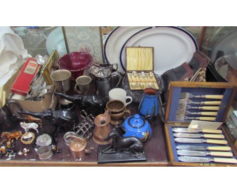 A pottery reclining whippet together with elephant models, cased fish set, ice skates, electroplated flatwares, meat plates, 
