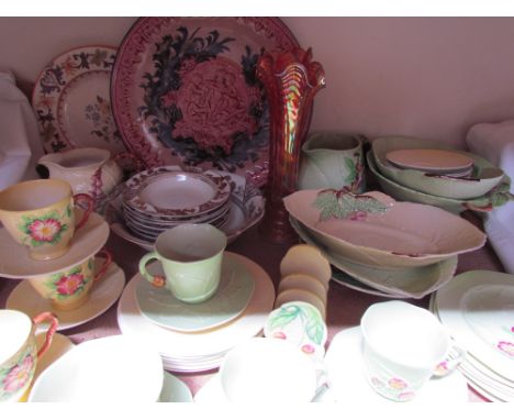 A quantity of Carltonware leaf moulded cups and saucers, dishes etc, together with a pair of carnival glass vases, large char